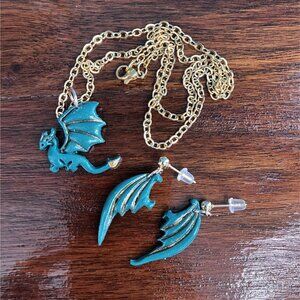 Green Gold Dragon Gold Plated Stainless Steel Necklace and Dangle Earring Set